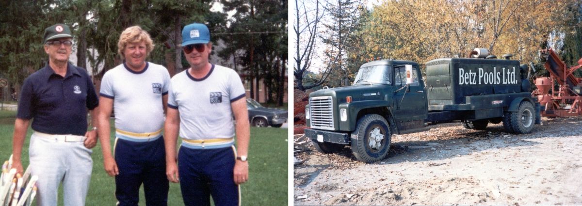 Three people in matching outfits stand together on grass. To the right, a truck reads "Betz Pools Ltd." parked near trees and construction equipment.
