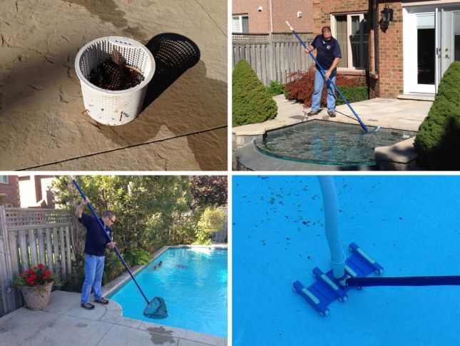 The image shows a collage of four photos related to pool maintenance. A person is cleaning a pool, using tools like a skimmer and vacuum.
