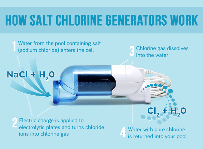 The image is an infographic explaining how salt chlorine generators work in four steps, showing the process of converting saltwater to chlorine for pool sanitization.
