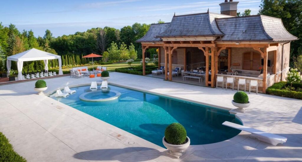 Luxurious outdoor pool area with sun loungers, a canopy, an elegant pavilion, manicured trees, and a pristine landscaped garden under blue skies.