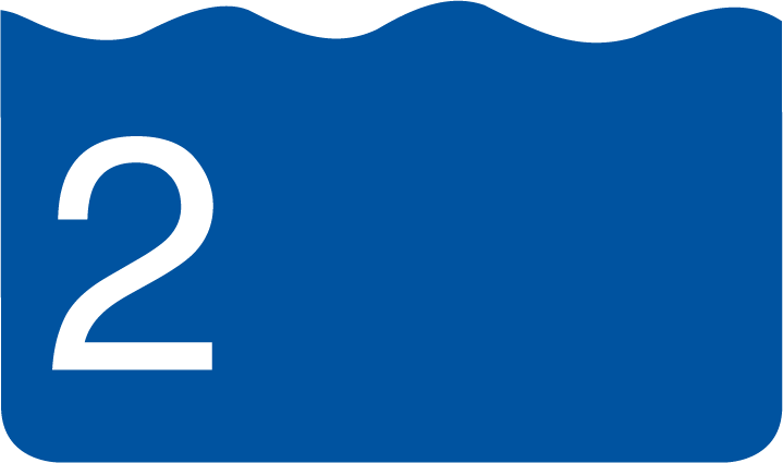 The image depicts the number two in white on a blue background with a wavy top edge, suggesting a water or wave-like appearance.