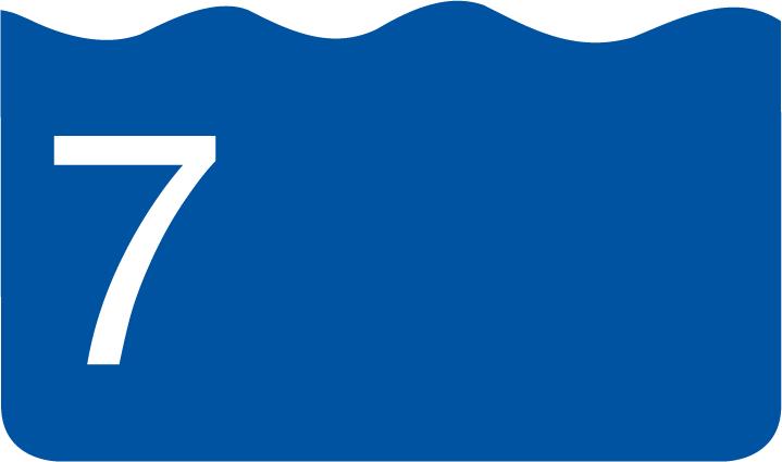 The image displays a bold, white number 7 centered on a blue background with a wavy top edge that resembles a simplified representation of water.