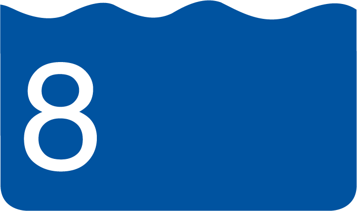 This is a simple graphic consisting of a large, white numeral '8' centered on a solid blue background with a wavy top edge, resembling a pool of water.