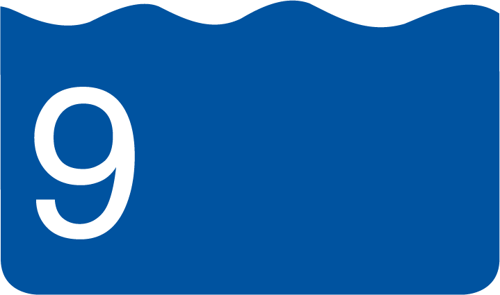 The image presents a large white number '9' centered on a blue background with a wavy top edge, resembling a water wave or a liquid splash.