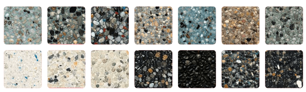 Fourteen square samples displaying a variety of terrazzo flooring options with different colors and patterns of chips and marble pieces set in polished material.