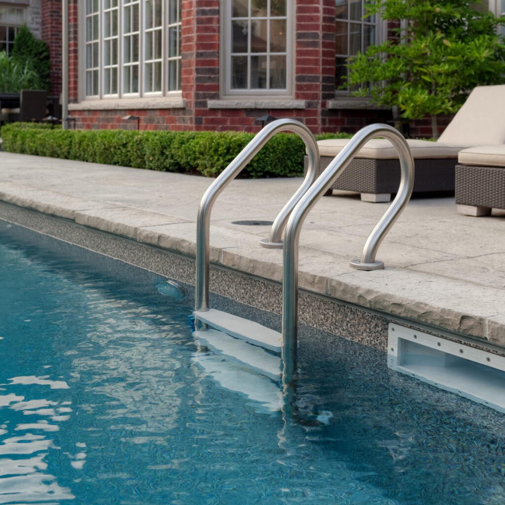An outdoor swimming pool with clear blue water, featuring metal ladders, surrounded by a brick building and patio furniture on a sunny day.