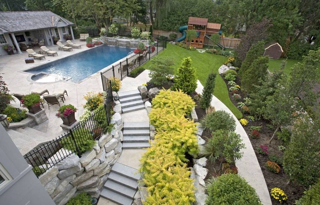 A luxurious backyard with an in-ground pool, stone terrace, lush gardens, outdoor furniture, and a children's playset, showcasing thoughtful landscaping design.