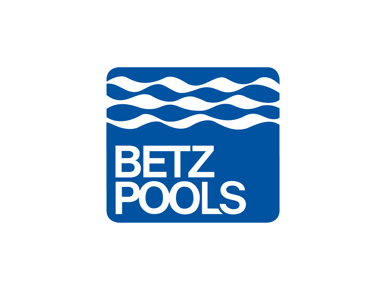 The image is a blue and white logo for BETZ POOLS, featuring stylized waves on the top half, indicating water or a swimming environment.