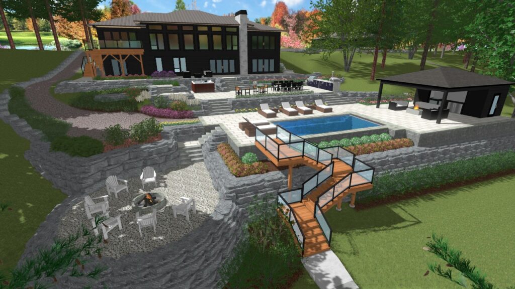 A luxurious backyard with a multi-level design, featuring an outdoor pool, lounging areas, a fire pit, landscaped gardens, and a modern pool house.