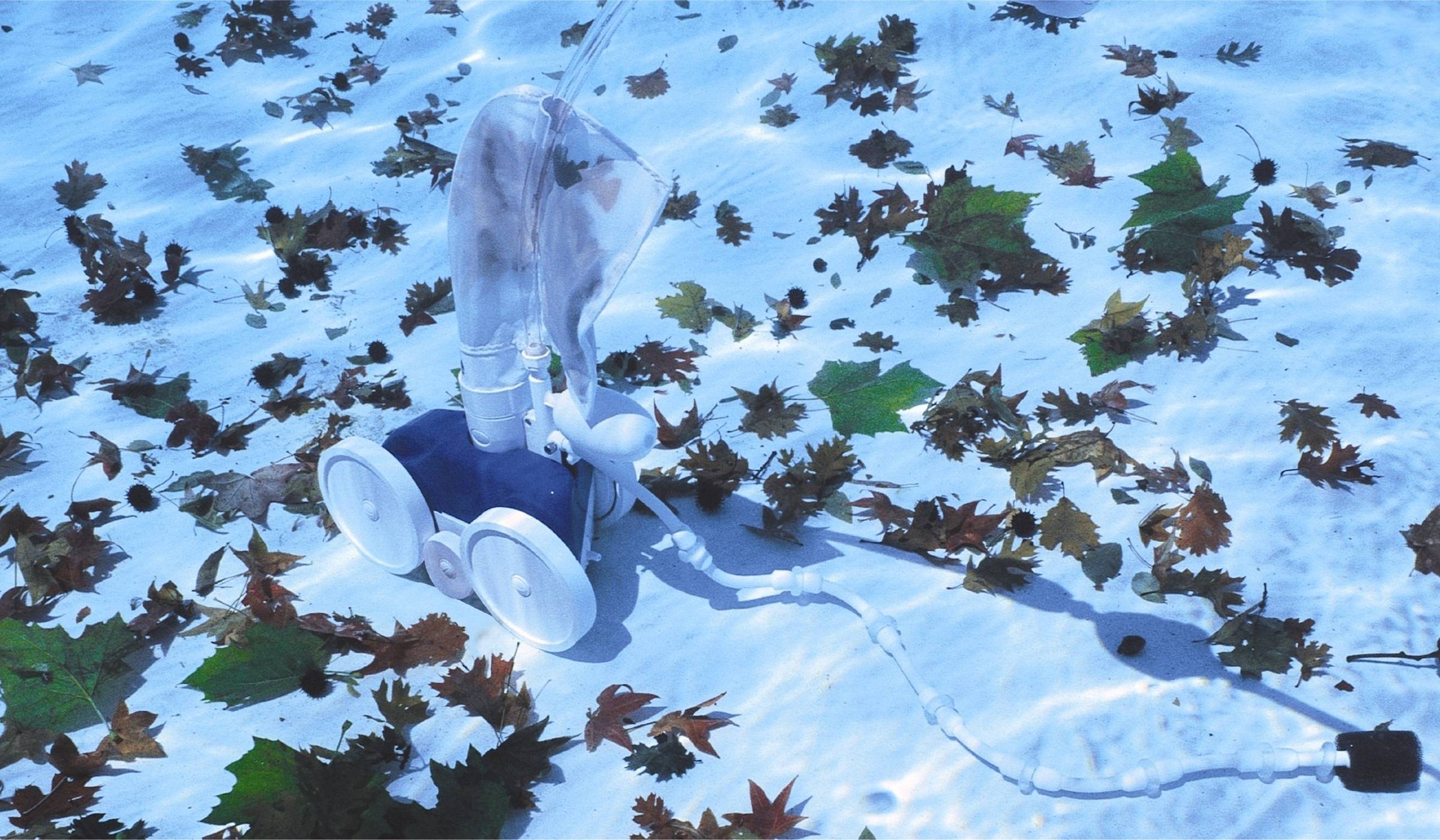 The image features a transparent person with headphones walking on a snowy path littered with autumn leaves, creating an intriguing seasonal contrast.